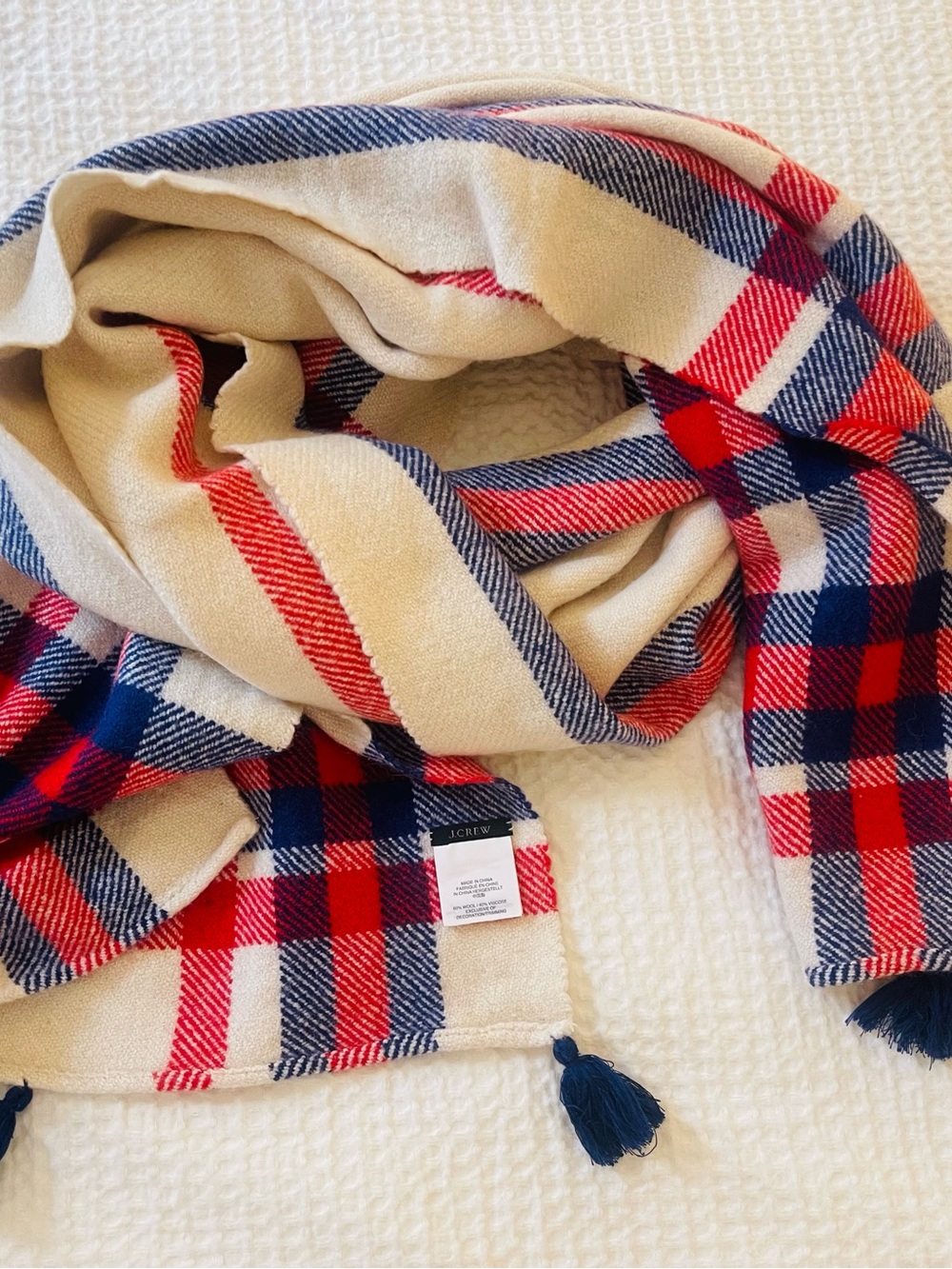 J. Crew Red, Navy & Cream Plaid Tassel Scarf